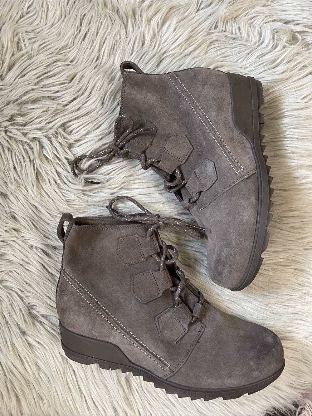 Sorel Gray Suede Lace-Up Wedge Ankle Boots
